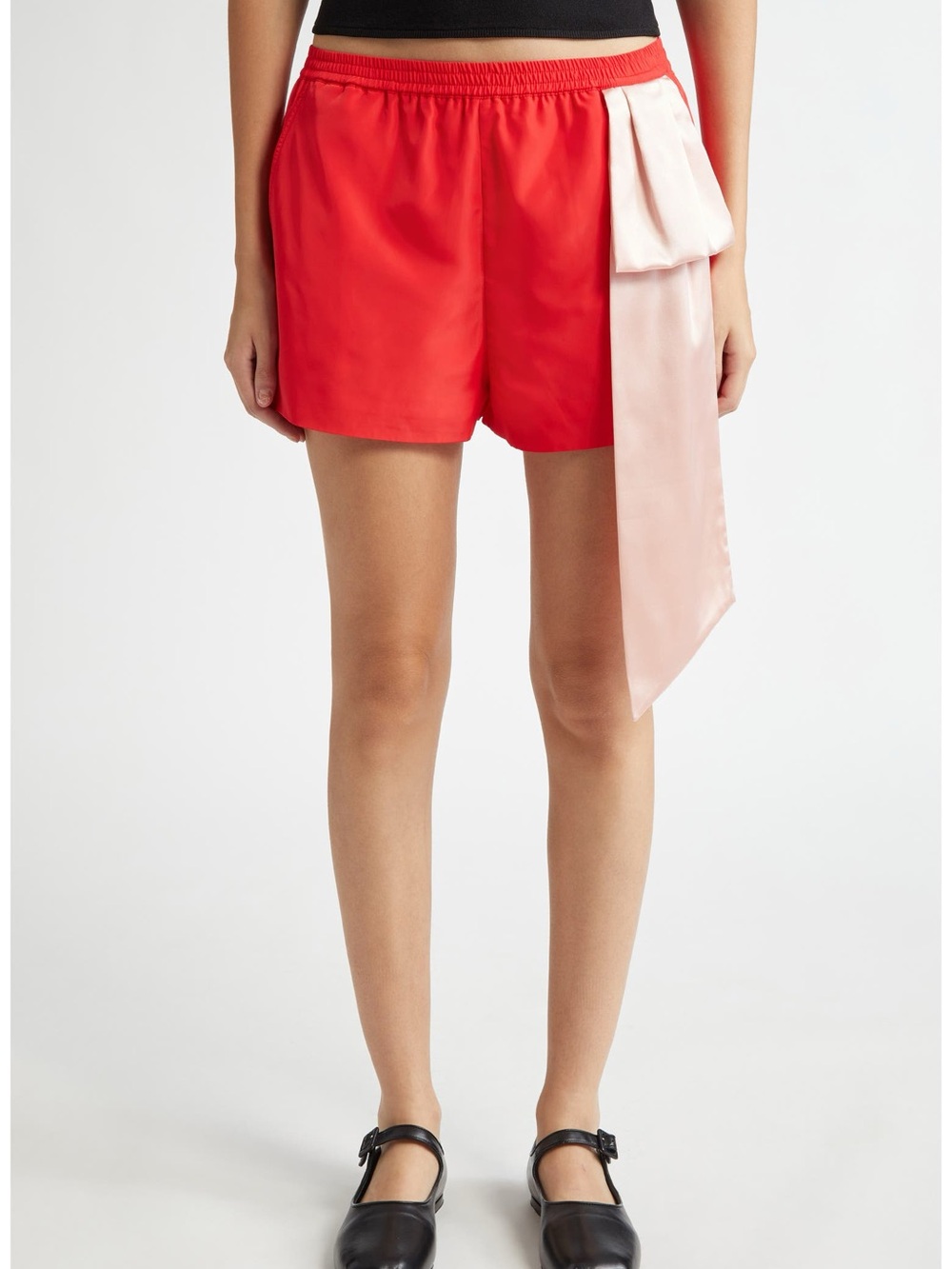 Sandy Liang Red Athletic Shorts with Pink Satin Bow